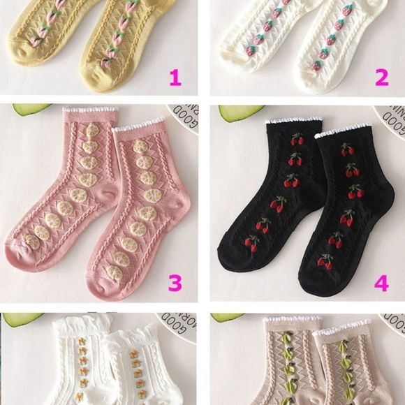 Winter Lollipop Anklet Socks | Strawberry Floral Knit Cotton Lolita Socks - Picture 7 of 9